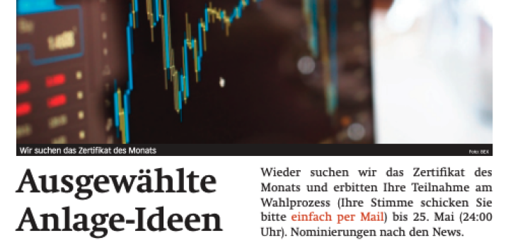 Beitragsbild zu News aus dem Börse Express PDF vom 20.05.2025: Viel Gold beim Zertifikat des Monats und die News des Tages